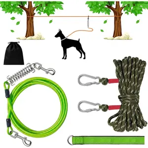 Dog Runner Trolley Cable: 50FT Heavy Duty Zipline for Yard & Camping with 10Ft Tie-Out & Shock Spring - Up to 200LBS