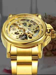1pc Women Luxury Skeleton Automatic Analog Mechanical Watch Luminous Hands Top Brand Golden Stainless Steel Strap Luminous Hands Iced Out Design Fashion Business Automatic Wristwatch Ladies Watches Gifts
