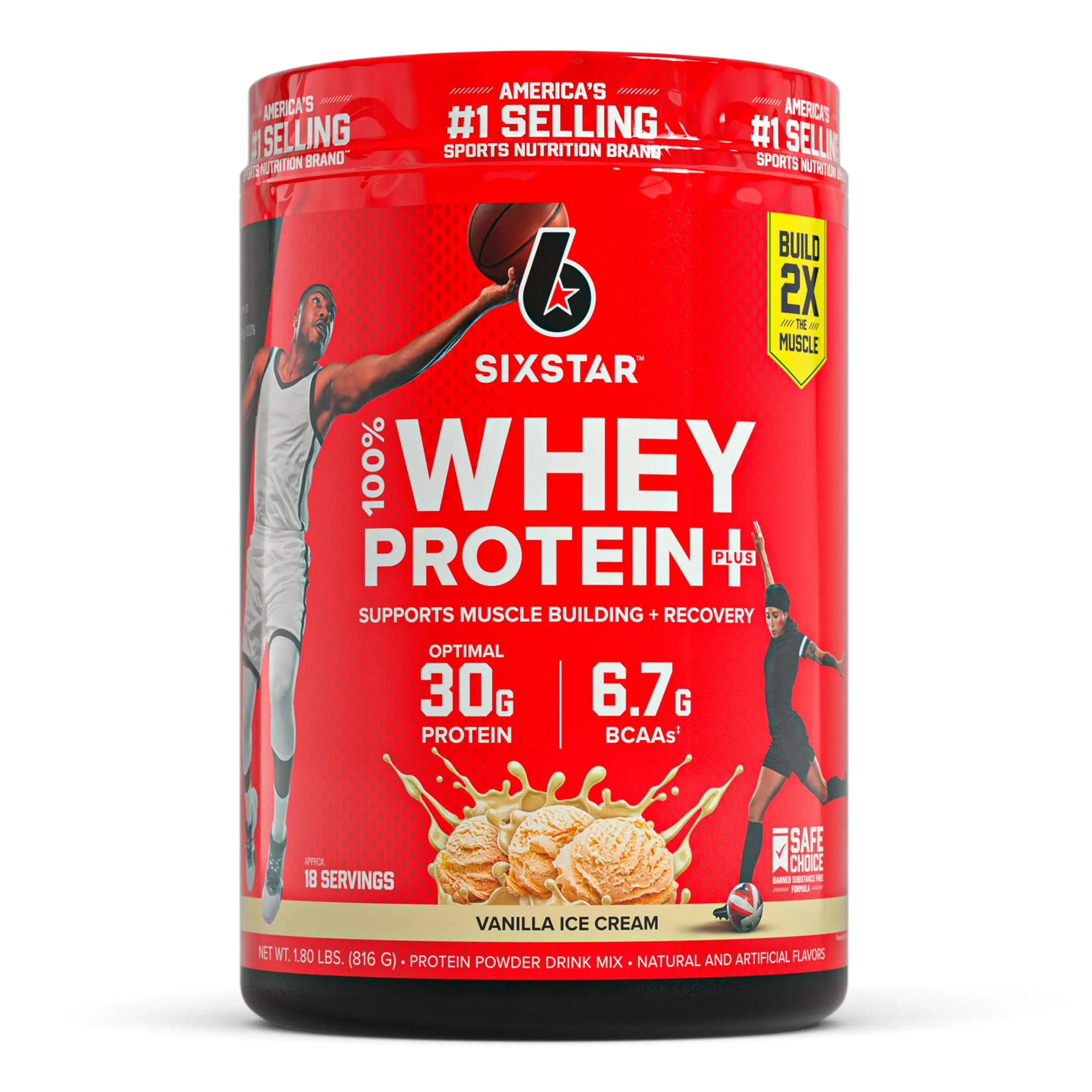 (A)Six Star Whey Protein Powder Plus – Strawberry Smoothie Flavor, 30g Protein, Whey Isolate & BCAAs, Muscle Building & Recovery, Immune Support, 1.8 lbs