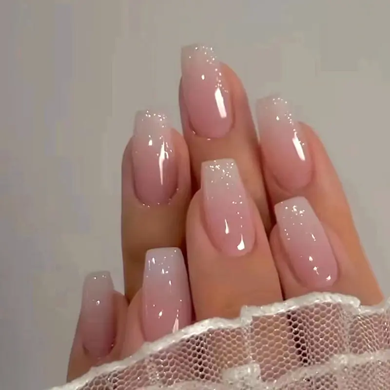 24pcs Ins-Style Nail Art Set with Glue, Medium-Long Length Blush Pink Gradient Glitter False Nail Tips for Beauty & Personal Care Glitter Glow Nail Extension Art