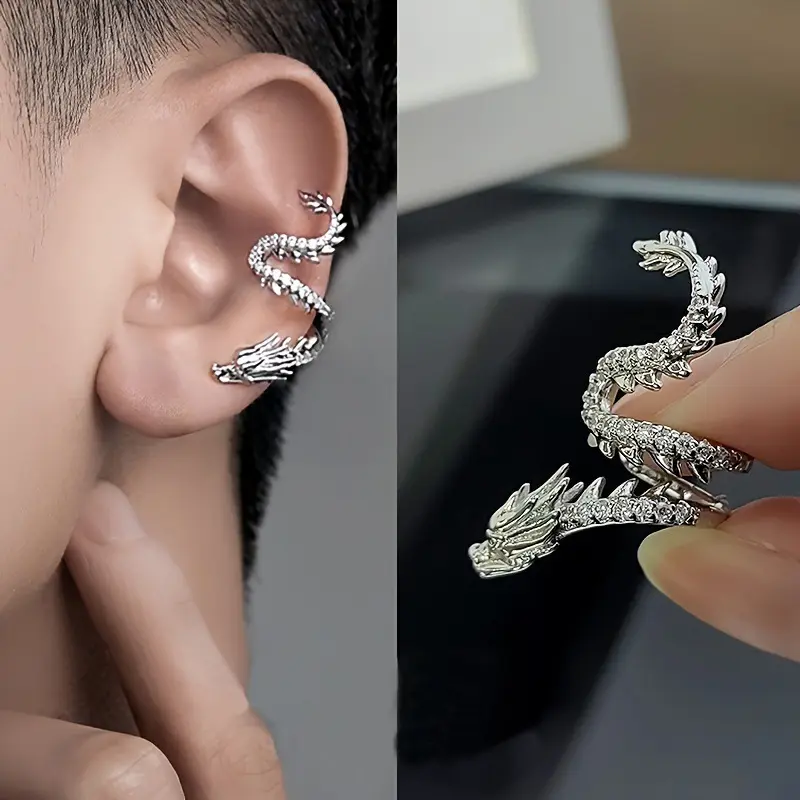 Men's Goth Dragon Tail Clip-On Earrings, Non-Piercing, Edgy Minimalist Premium Versatile Jewelry for Street & Night Out Occasions