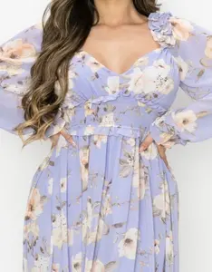 Sheer Chiffon Deep-V Long Sleeve High quality Maxi Dress