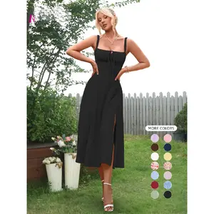 Women'S Plain Ruched Boning Corset Milkmaid Dress, Lace Up Dress, Party Dress, Split Thigh Dress, Tie Front Dress, Elegant Square Neck Midi Dress, Dresses For Women, Frenchy Style Non Bodycon Dress Christmas, Formal Dresses, Adjustable