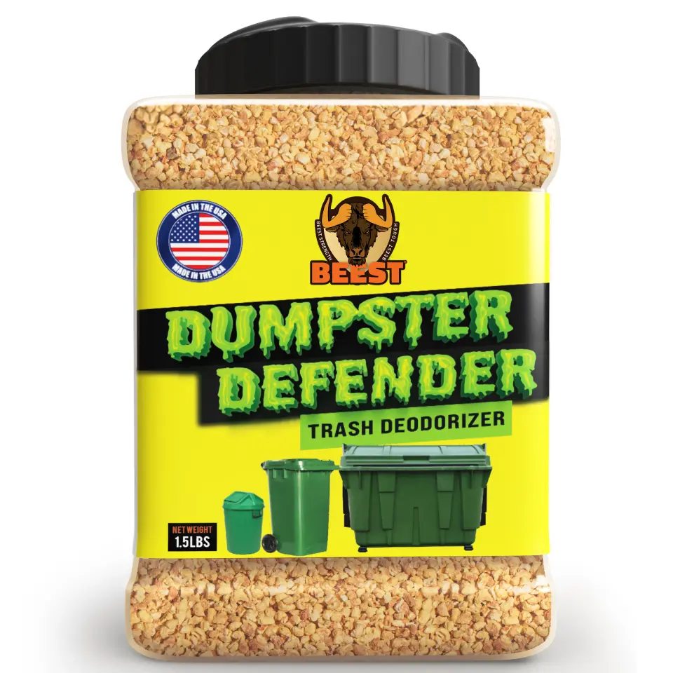 Beest Dumpster Defender 1.5 lbs Powder Deodorant - Outdoor Trash Can Deodorizer & Liquid Waste Absorber, Biodegradable Dual-Action Cellulose Granules with Rosemary, Lemongrass & Peppermint Essential Oils - For Bins, Made in USA, Recycling Bins