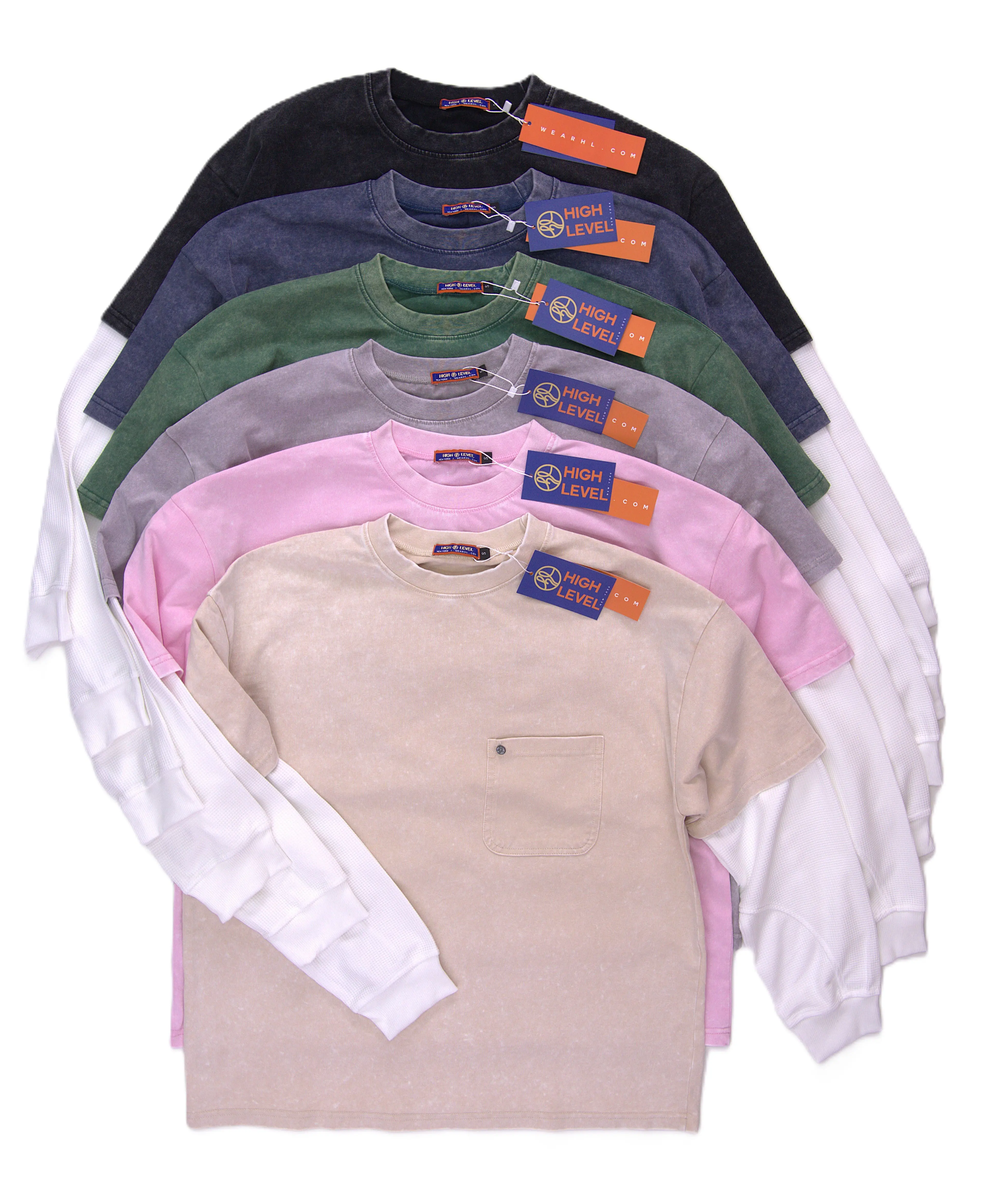Double Layer Cropped Boxy T-shirt by High Level HL Stonewashed Contrast Sleeves Pocket Heavyweight Drop Shoulder