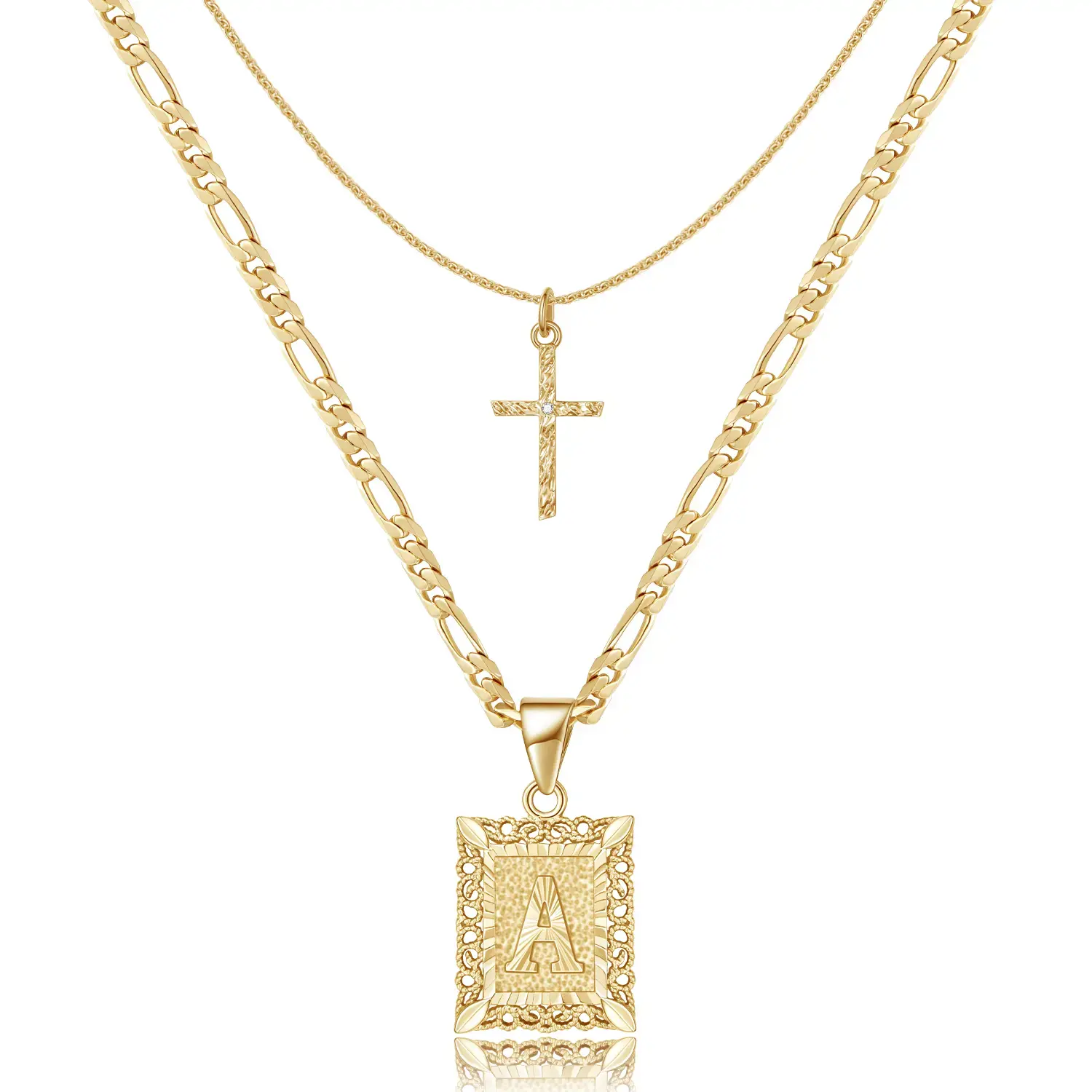 14K Gold Plated Layered Necklace Set for Men Initial Letter Pendant Necklace for Women 3mm Flat Figaro Chain Necklace 20inches