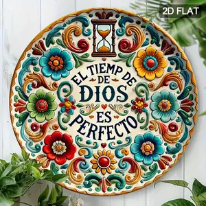 Flat Design Spanish Slogan "God's Plan is Always the Best" Theme tin Sign, 19.81x 19.81cm , Round Aluminum Metal Decorative Sign, Suitable for Home, Coffee Shop, Apartment, Restaurant, Living Room Wall Decoration