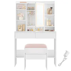 VASAGLE Vanity Desk with Mirror and Lights, Makeup Vanity with Upholstered Vanity Stool, Dimmable LED Lights, Adjustable Shelves, 7 Compartments, 2 Drawers, for Bedroom