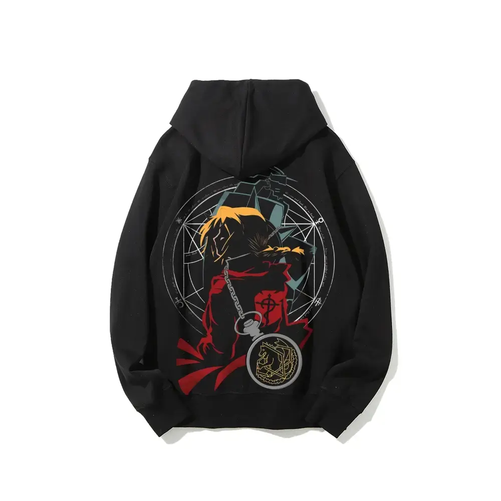 Fullmetal Alchemist Edward Elric Back Graphic Pullover Hoodie, 100% Cotton Unisex Anime Sweatshirt, Transmutation Circle & Pocket Watch Print, Casual Daily Top for Otaku Fans