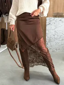 Women's Fashion New Satin Lace Patchwork High Waist Bodycon Half Skirt, Elegant Party Wear, Summer Style