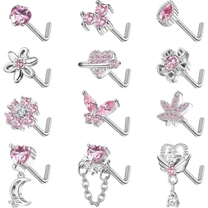 Sanfenly 12 PCS 20G Hypoallergenic Unisex Surgical Stainless Steel Nose Piercing Jewelry - L-Shaped Studs, Screw Studs, Cubic Zirconia Pins, Dainty Body Jewelry for Daily Wear (Heart, Butterfly, Flower, Leaf, Moon, Bow Dangles in Pink, Purple, Blue)