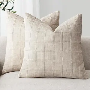Set of 2 Decorative Check Throw Pillow Covers Neutral Farmhouse Vintage Cushion Covers Boho Home Decor for Sofa Chair Couch Bedroom Living Room,20*20 Inch,Natural Beige