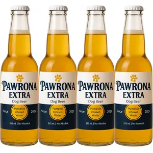 Pawrona Dog Beer Non-Alcoholic Organic Pumpkin Mango Infused Water for Dogs 4 x 12oz Glass Bottles Safe Dog Approved Fun Viral Beverage