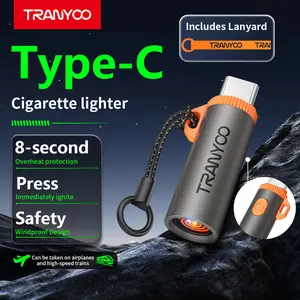 TRANYOO T-E40 USB-C Rechargeable Lighter, Windproof Electric Arc Lighter with 8s Auto-Off Safety, Portable Flameless Lighter with Lanyard, Compatible with All Type-C Phones, for Camping, Hiking, Survival