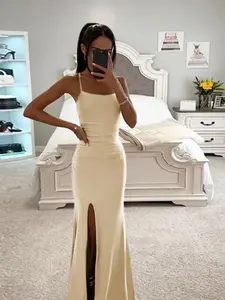 Women's  Solid Color  Cami Dress, Elegant Sleeveless Split Hem  Dress for Party Club Dating Wear, Ladies Summer Clothes, Bodycon Side Slit