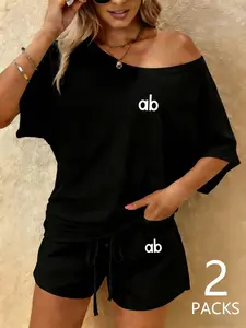 Women's Sportswear Set (shoulder-Exposed Tee + Drawstring Shorts), Loose Fit Breathable Fabric, Casual Summer Workout Set for Daily Wear & Travel