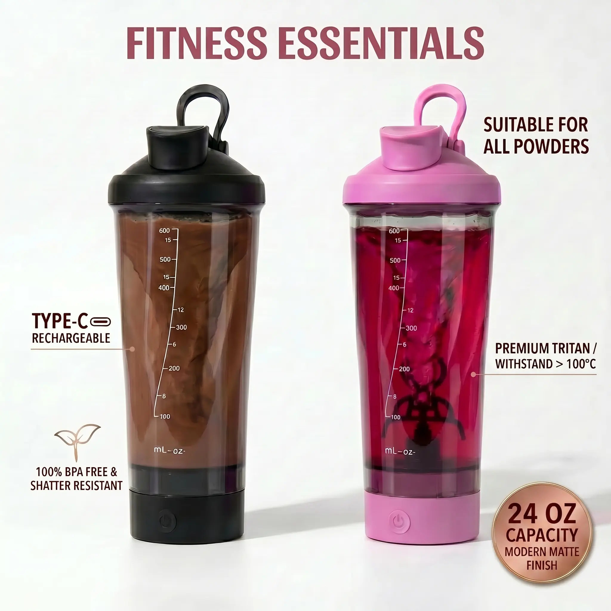 Electric Protein Shaker Bottle, 24oz Rechargeable Mixer Cup for Gym, Detachable Base, BPA-Free Tritan, Type-C Charging Rechargeable Electric Shaker Bottle - 24oz Blender Cup for Protein Powder, Smoothies & Meal Replacement, Dishwasher Safe,