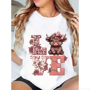 Plus Size Highland Cow Women's Shirt, Casual Chic - Casual Crew Neck Short Sleeve For Daily Wear, Casual Wear, Seasonal Fashion, Comfortable Material, Party Apparel |     Fun Graphic Shirt |     Comfortable Fit