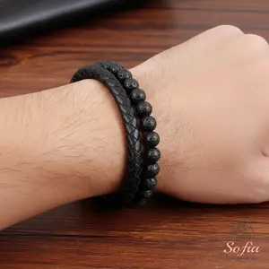Sofia Men's Leather Braided Bracelet Natural Lava Rock Stone Bangle Multilayer Wristband Boho Style Magnetic Closure for Daily Use 8 Inch Length