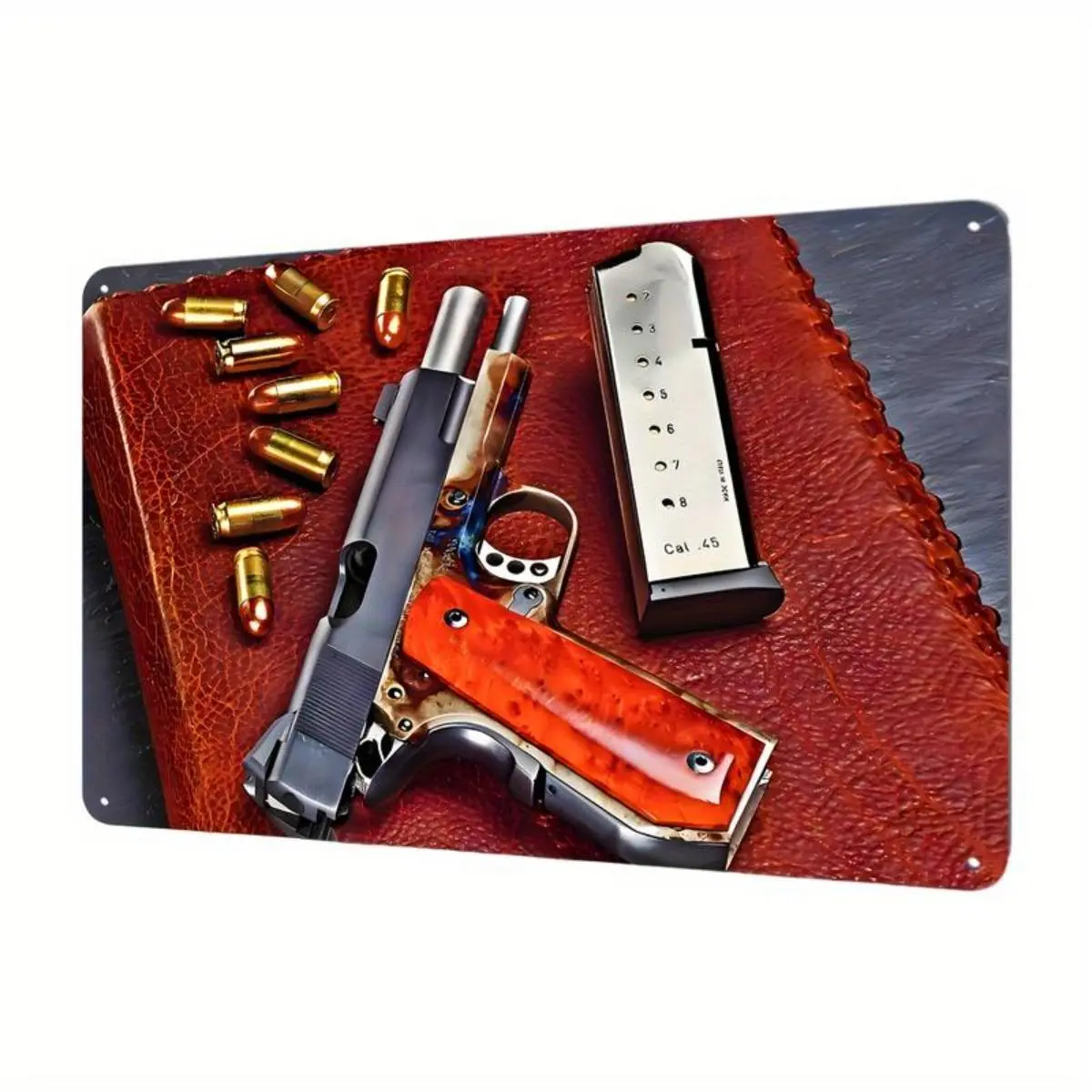 2D Metal Plate 12X8 Inches Vintage Design Pistol Metal Wall Art Plaque - Contemporary Military Style Artistic Decoration for Home, Bar, Game Room & Hotel Signs Multicolor Luxury