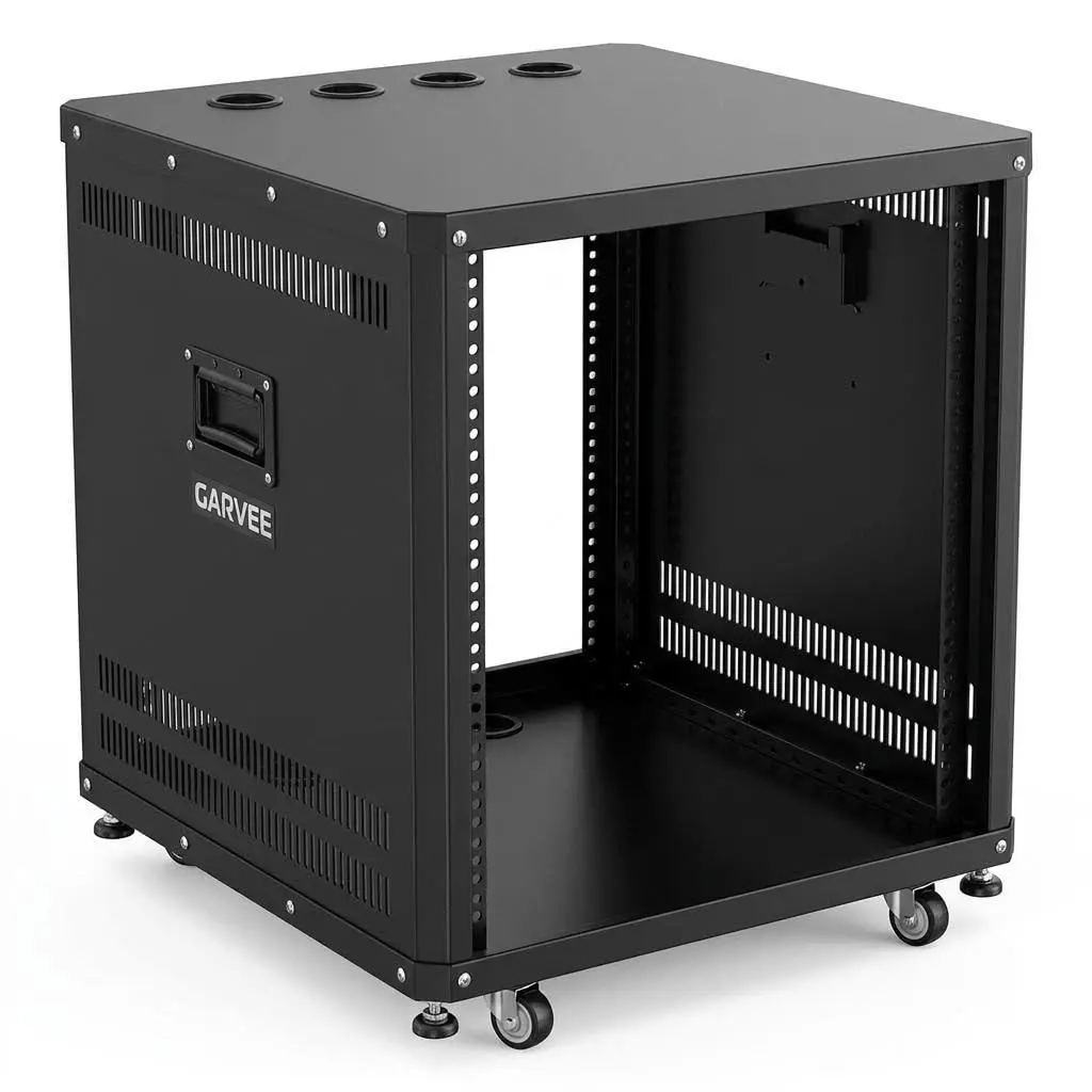 Black 12U Network & Stereo Rack with Caster Wheels, Rolling Server Rack Open Cabinet for Audio Video Musical & IT Equipment Mounting, Round & Square Holes, Build in Handles Heavy Duty