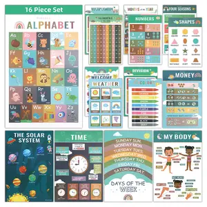 16 Educational Posters for Classroom Decor,  Kindergarten Classroom Learning Posters Includes Alphabet ABC, Numbers 1-100, Shapes, Colors, World & USA Map, Learning Poster for Toddlers 1-6, Preschool Kindergarten Kids Room Wall Charts