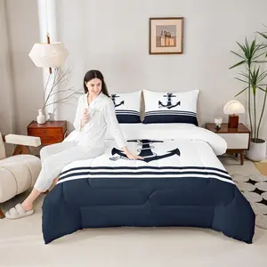 Nautical Anchor Comforter Set,Ocean Themed Anchor Print Bedding Set for Kids Boys Men,Stripes Geometric Navy White Quilted Duvet Set