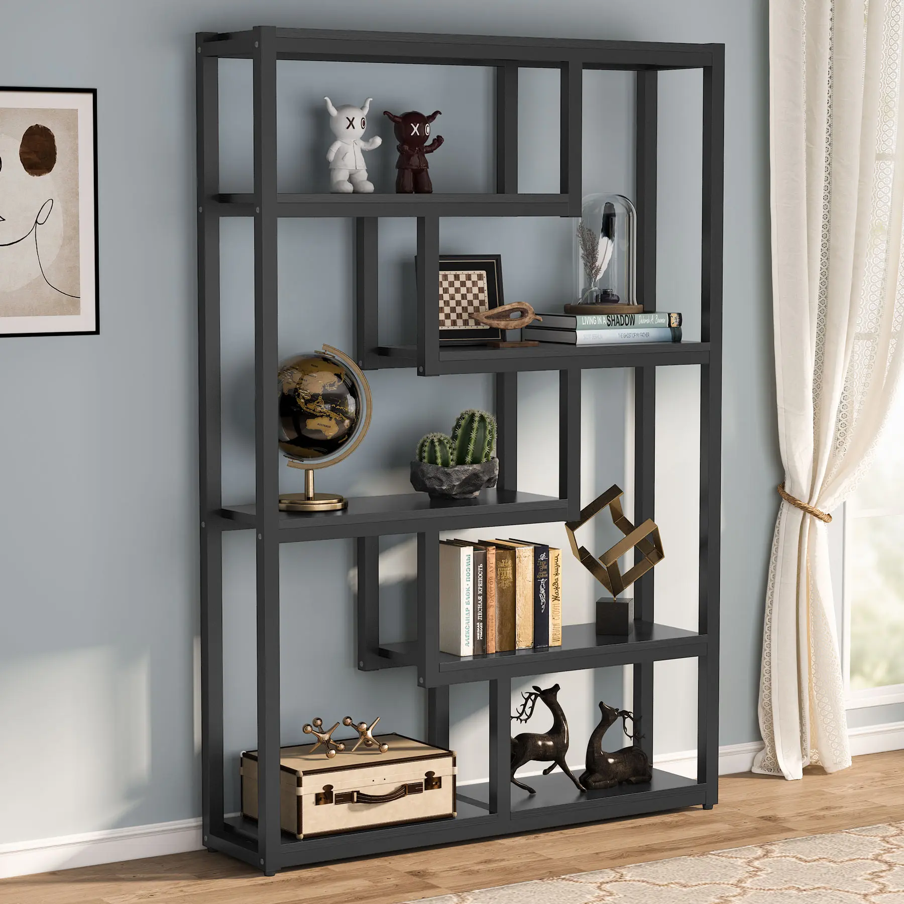 Tribesigns 6-Shelf Modern Bookshelf, Etagere Bookcase, 69" Tall Storage Display Staggered Shelves with Metal Frame Tribesigns 6-Shelf Modern Bookshelf, Etagere Bookcase, 69" Tall Storage Display Staggered Shelves with Metal Frame