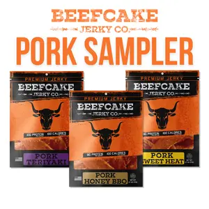 Beefcake Jerky Co. Pork Sampler - Premium Pork Jerky - Teriyaki, Honey BBQ, Sweet Heat Flavors