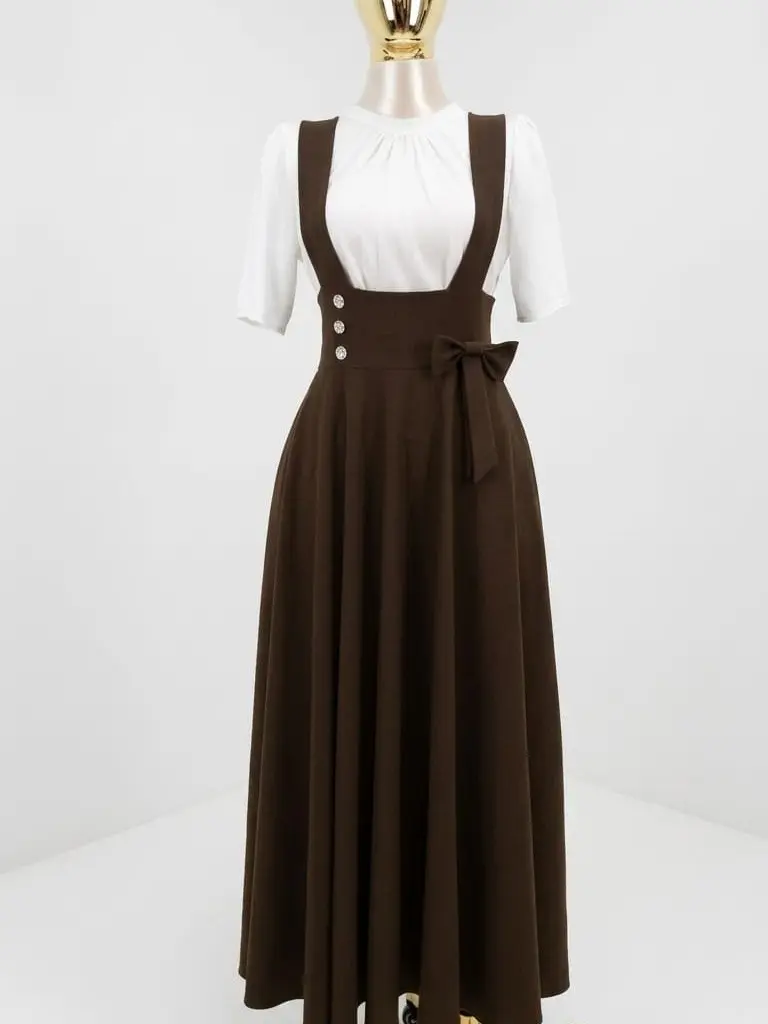 Brown Midi Dress with Bow Detail and Button Closure for Women
