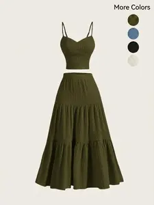 Women's Solid Woven Crop Cami Top & A-line Skirt Two-piece Set, Casual Fashion Cozy Two Piece Outfits for Daily Outdoor Wear, Ladies Clothes for Summer Chic Chic Chic Suits Suits