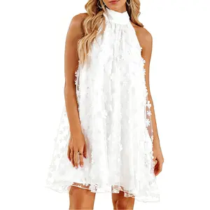 HYZ Women's Summer Wedding Guest Formal Dresses Floral Halter Swing Dress Cute A Line Mini Homecoming Dress