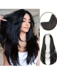 22" U-Shaped Clip-In Hair Extensions Full Head Synthetic Straight Hairpiece, U-Shape Design for Added Volume & Length, Perfect for Daily Wear, Synthetic Wiglets