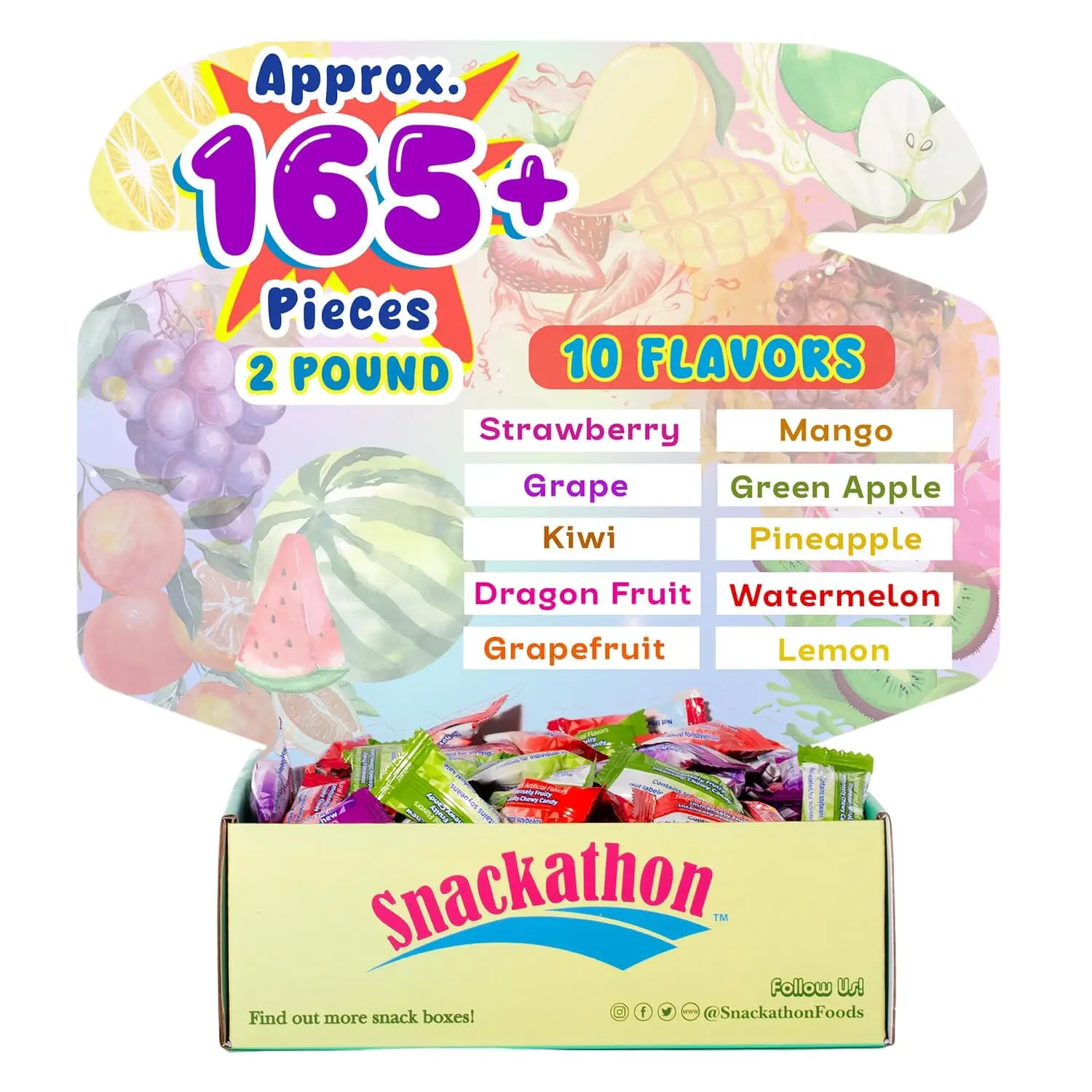 Fruit Chew 10 Flavors, Bulk 165+ Pieces, 2 Pound (Strawberry, Mango, Green Apple, Grape, Kiwi, Pineapple, Dragon Fruit, Watermelon, Grapefruit, Lemon)