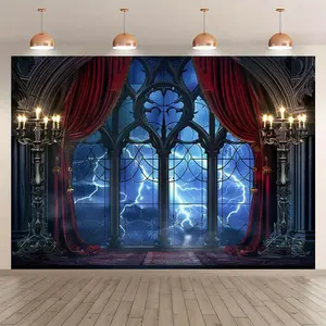 1pc Large 2D Flat Gothic Vampire Medieval Castle Backdrop, Gothic Theme Wall Mural with Lightning Storm Sky, Red Curtains & Bat Wing Design for Vampire-Themed Parties, Dracula Decorations & Photo Booths