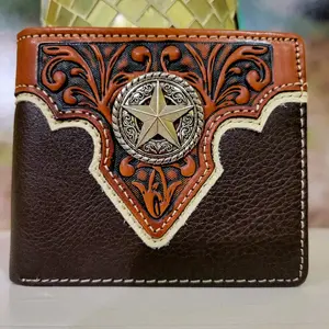 Sheriff Star Western wallet Texas style genuine leather short bi-fold concho and embossed leather wallet