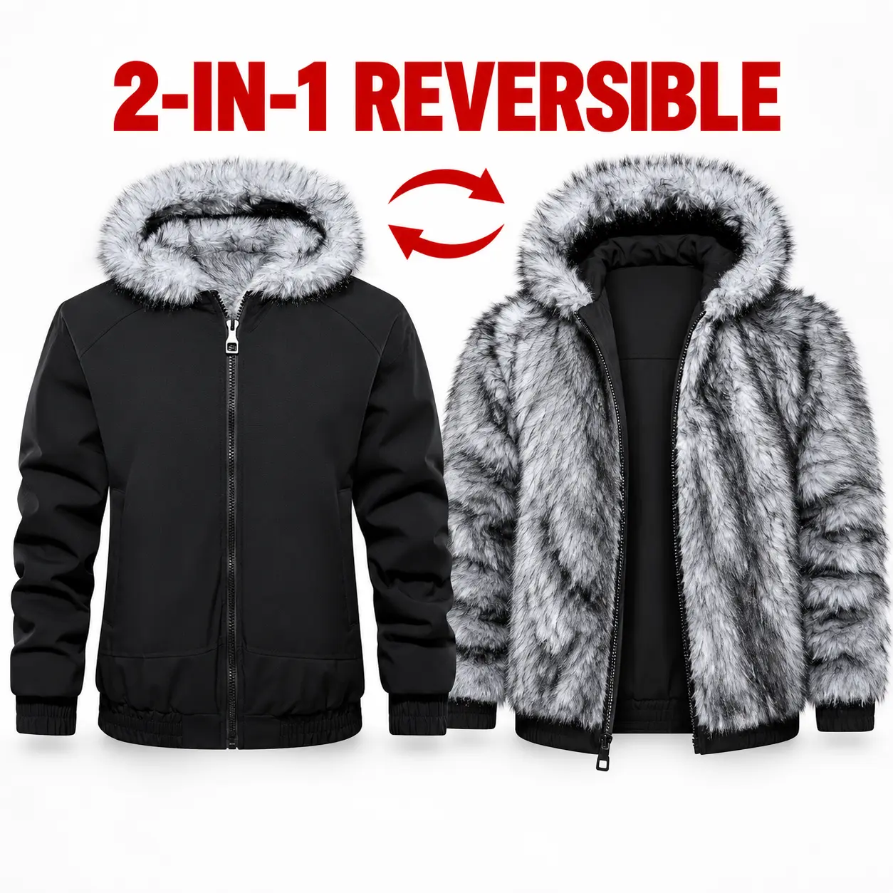 Men's 2-in-1 Reversible Winter Jacket, Black Bomber Coat & Grey Faux Fur Hooded Parka, Thick Warm Padded Outerwear with Zipper Closure, Windproof Streetwear for Cold Weather