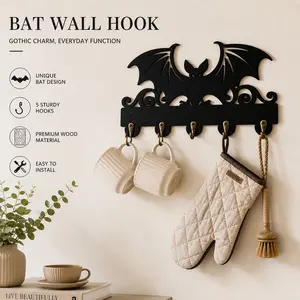 Wooden Bat Wall Key Hook, Halloween Decor, Gothic Style, Durable Coat Hook, 5 Alloy Hooks, Animal Paw Print, Wall Mount, Home Decor