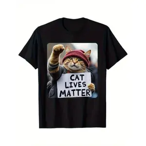 Funny Cat Graphic Cotton T-Shirt for Men - Breathable, Stretchy Crew Neck Tee with Geometric Design, Perfect for All Seasons