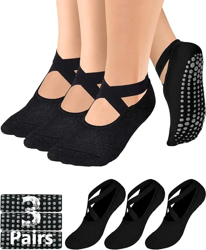 3 PCS Female Cotton Silicone Socks, Anti Slip Texture Pilates Socks with Grips & Straps, Universal for Ballet Dance Workouts