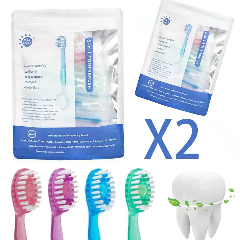 Instant Fresh Breath Anywhere – 5-in-1 Mini Toothbrush Set with Toothpaste, Floss, Tongue Scraper & Toothpick. 26 Individually Wrapped Disposable Toothbrushes, Compact Oral Hygiene Essentials for Travel, Work & Business Trips