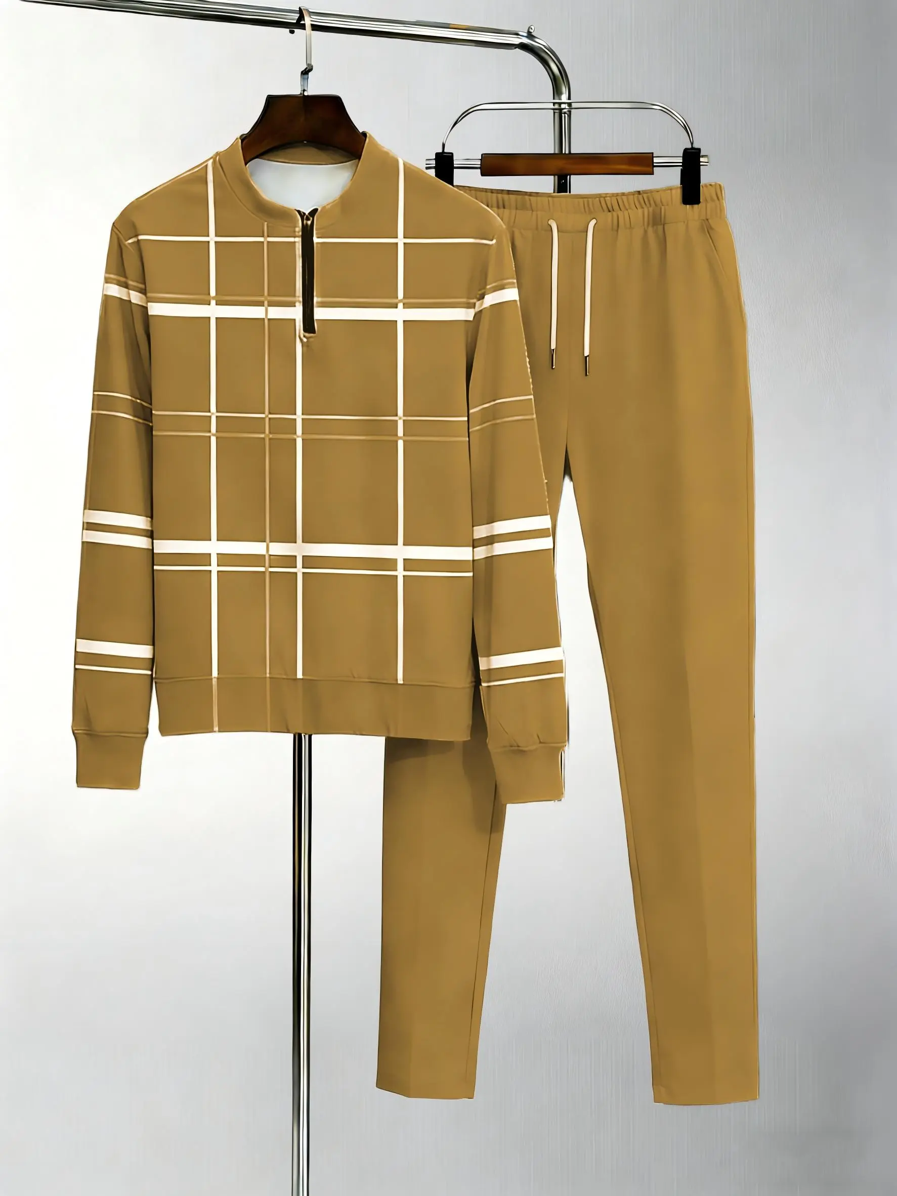 Men's 2-piece lightweight business casual sportswear |   Light blue checkered top with half zipper |   Contrasting white and yellow checkered patterns+matching pants |   Suitable for urban commuting, office leisure, and polished comfort Summer Tracksuits