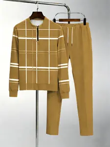 Men's 2-piece lightweight business casual sportswear |   Light blue checkered top with half zipper |   Contrasting white and yellow checkered patterns+matching pants |   Suitable for urban commuting, office leisure, and polished comfort Summer Tracksuits