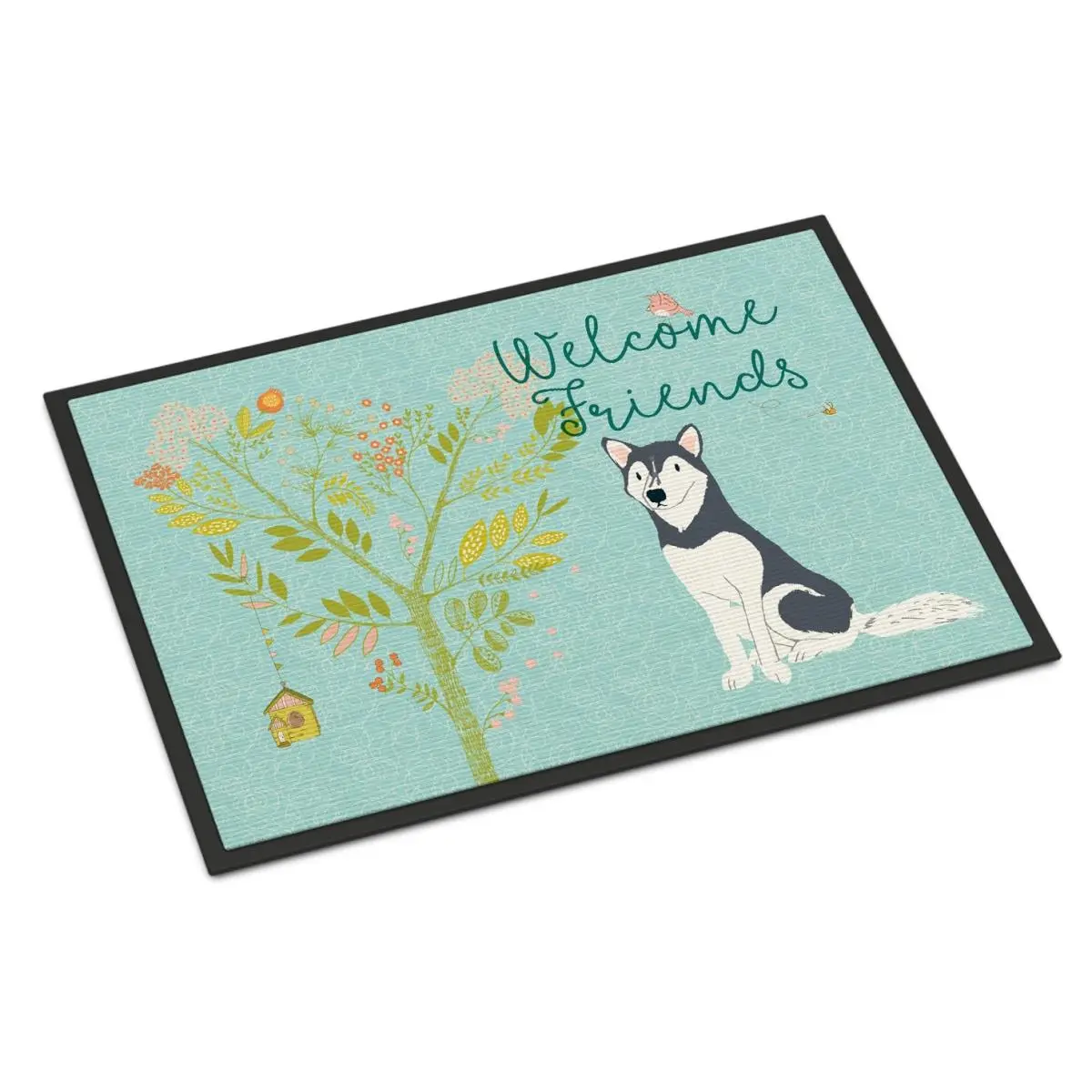 212 MAIN Siberian Husky Print Indoor-Outdoor Mat, 24x36in Size, Rubber Backing, "Welcome Friends" Design