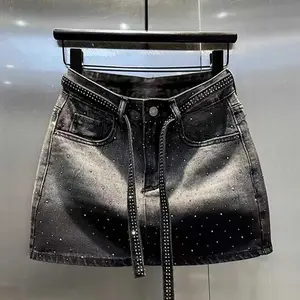 Oversize Retro Diamond Denim Mini Skirt for Women Summer High Waist Shiny Rivet Slim Skirts Gradient Black Grey Jean Skirts