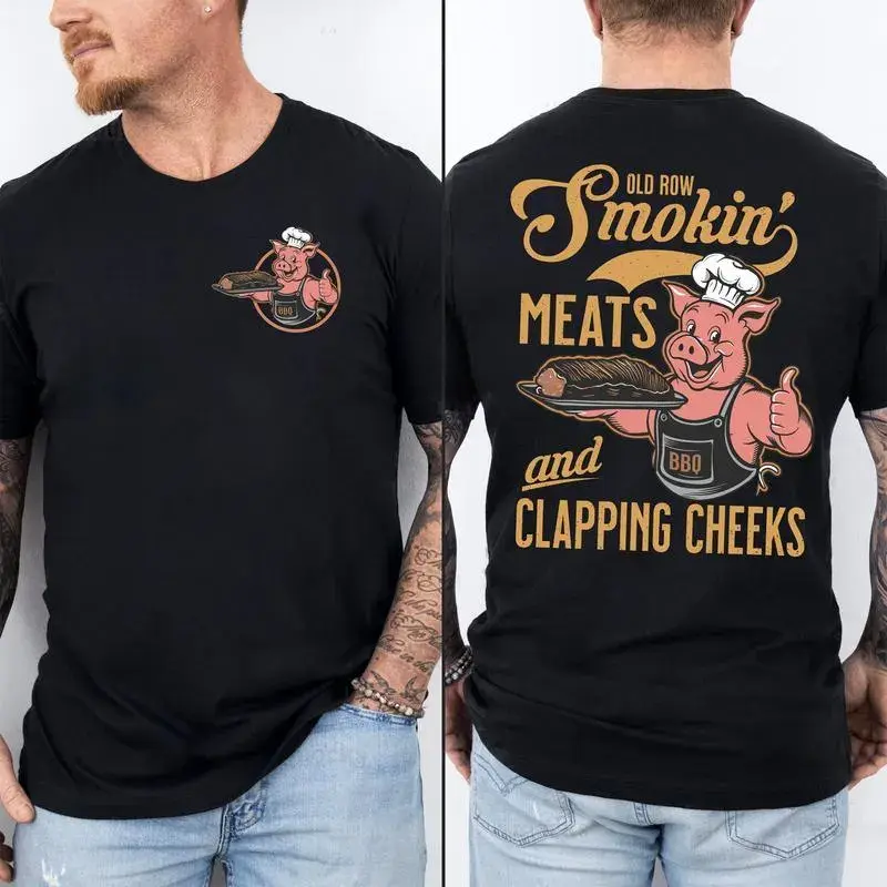 BBQ Graphic T-shirt, Double-Sided Pig Print, Smokin’ Meats Humor Tee, Summer Cookout Gift for Him