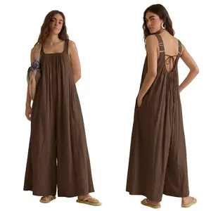 Chicovar Women's Loose Wide Leg Jumpsuit, Sleeveless Backless Romper with Pockets, Adjustable Straps, Back Tie, Loose Fit, Casual Vacation Music Festivals Boho Travel Outfit Overalls Overalls