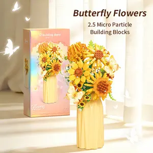 【Gift Box and vase Included】2.5 Micro Particle Artificial Flower Building Blocks Set with Vase, Artistic Rose Sunflower DIY Kit for Adults, Creative Home Office Desktop Decoration, Perfect Gift for Valentine's Day Christmas