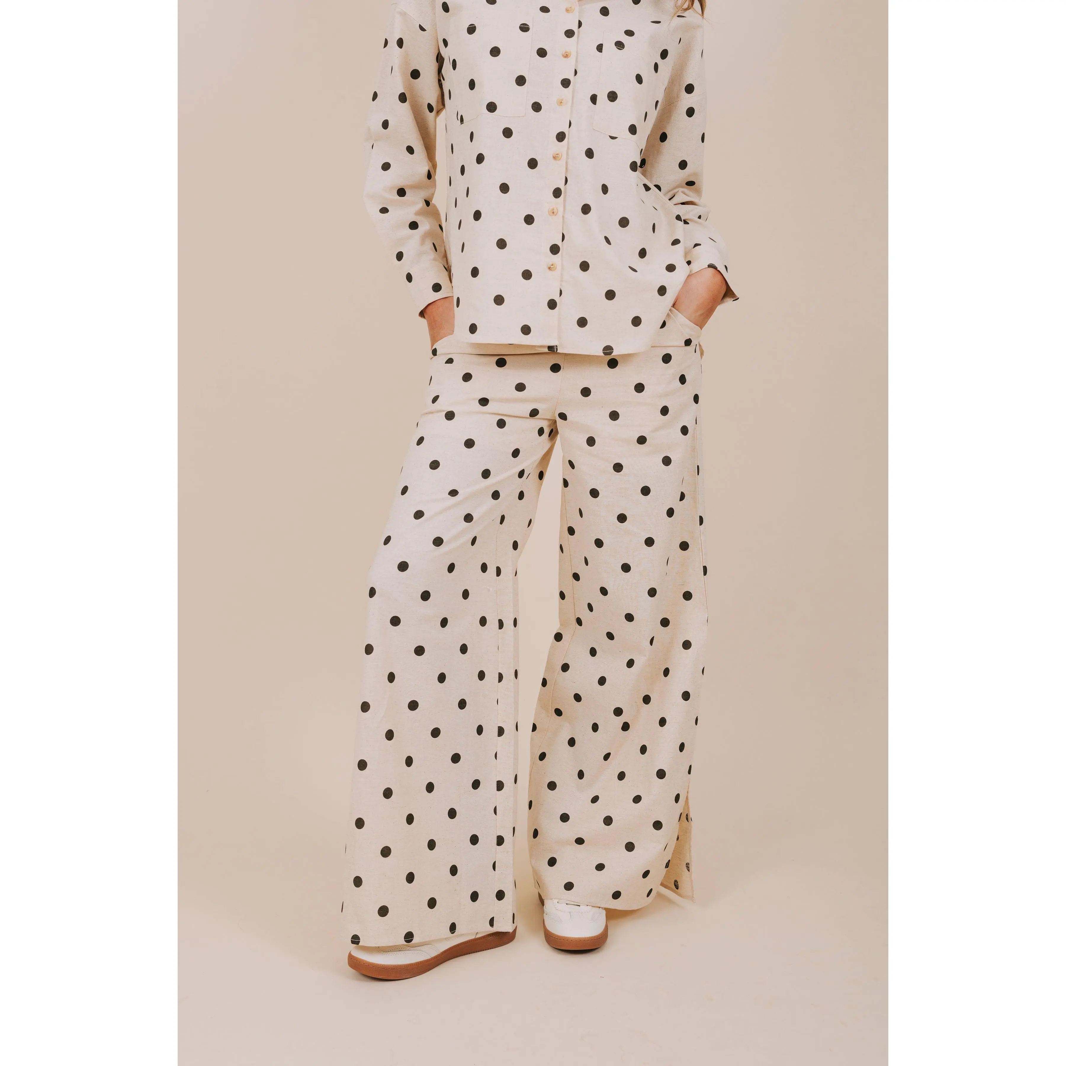 Women's Wide-Leg Pants, Cute High-Waisted Polka Dot Cotton Linen Trousers with Elastic Waist and Pockets