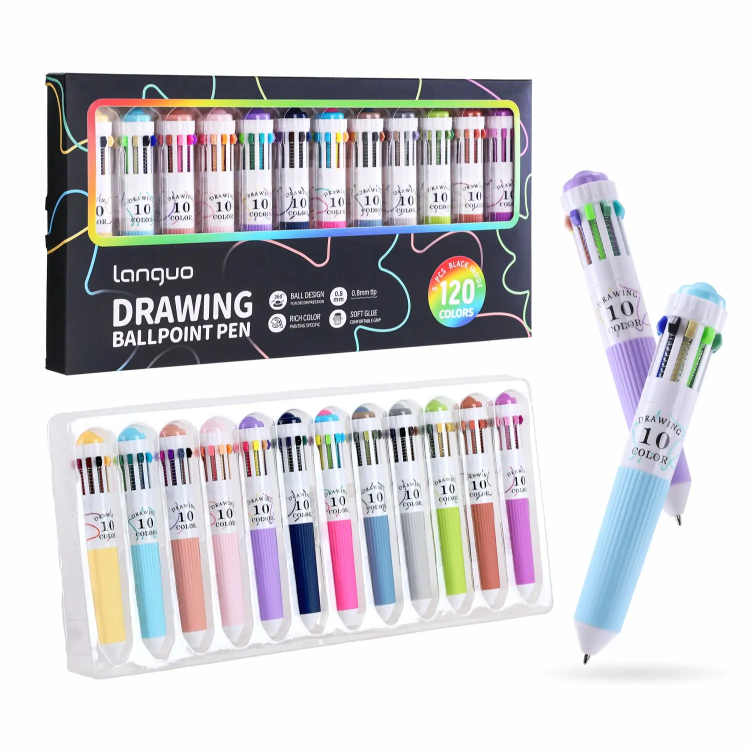 3/6/12 Pack Multicolor Pens, 28/60/120 Colors, 10-in-1 Colored Ballpoint Pen, Drawing Pens Set, 0.8mm Fine Point Smooth Writing, Retractable Ballpoint Pens for Office School Students Gifts, Colored Pens For Note Taking, Coloring Pens